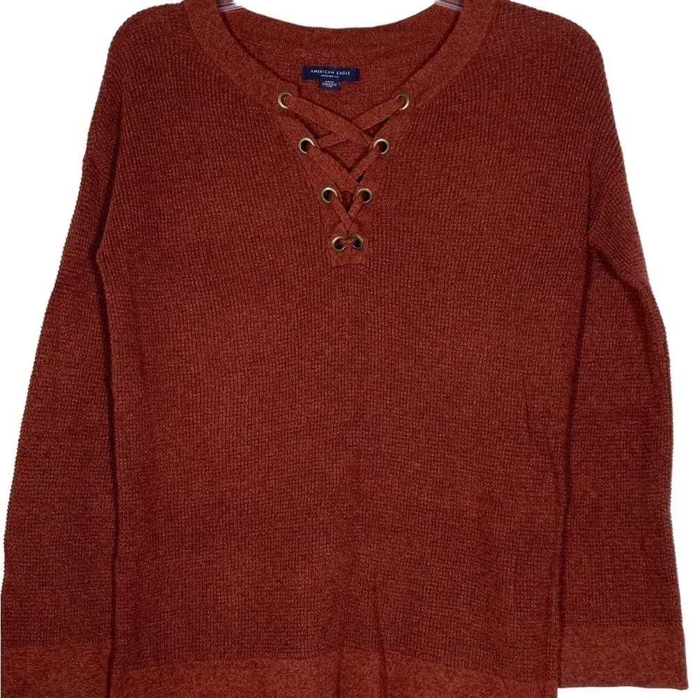American Eagle size small jegging fit crimson rust color cross tie knit sweater
